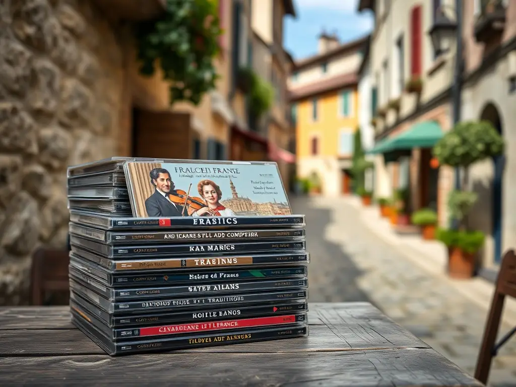 A stack of classic CDs with covers featuring traditional French musicians and composers, set against a backdrop of a quaint village in the Benevent region.