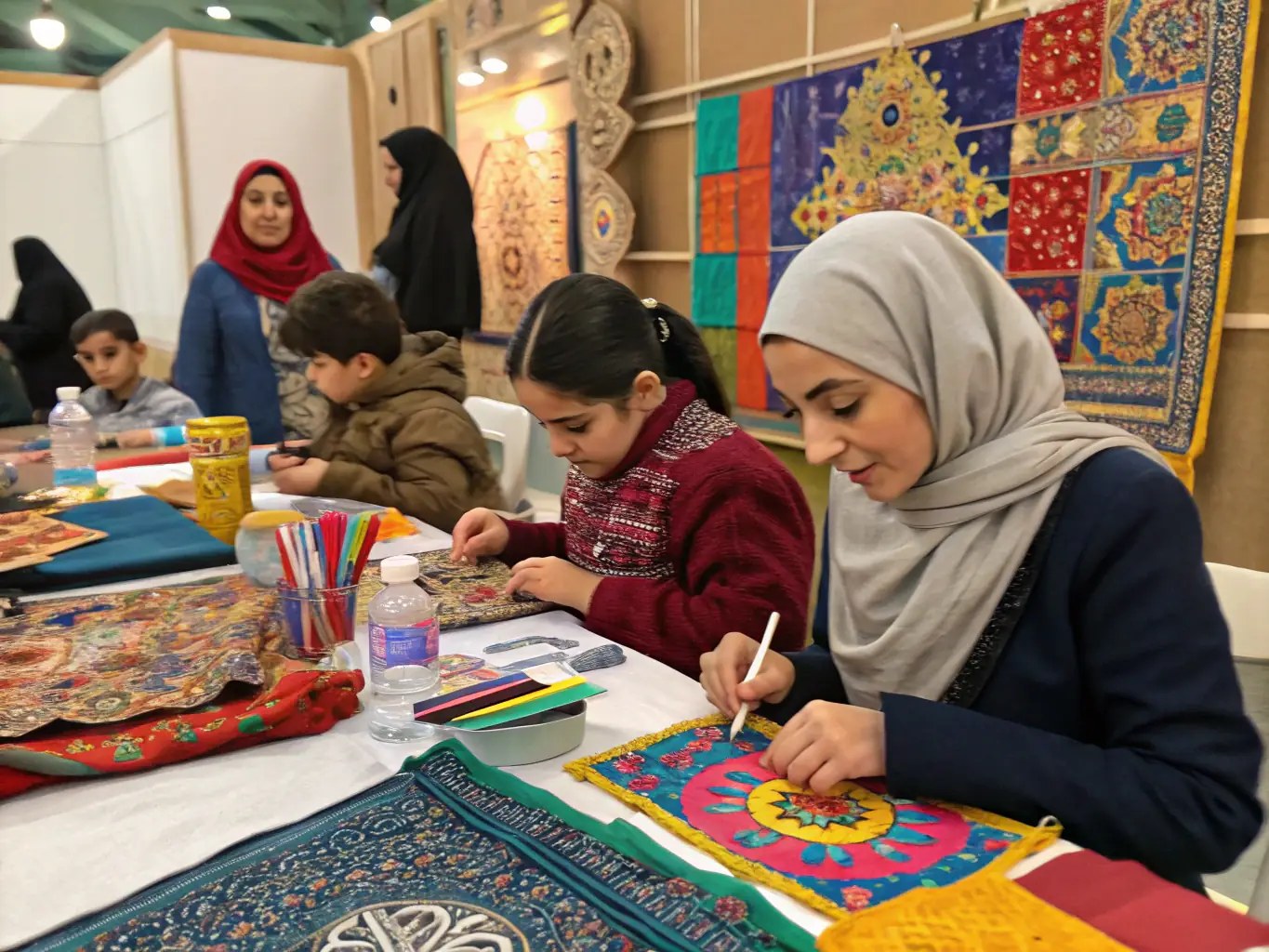 A vibrant image depicting participants actively engaged in a cultural heritage workshop, showcasing traditional crafts and artistic techniques, set in a historical location within the Pays Benevent region.