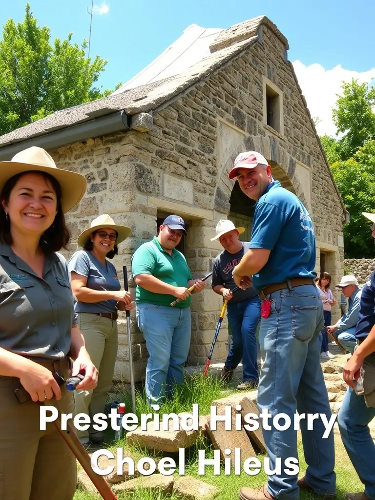 A photo of volunteers working on a heritage preservation project, emphasizing the collaborative effort and the dedication to preserving local landmarks.