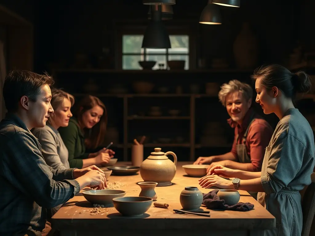 A photograph capturing a group of children and adults participating in a pottery workshop, learning traditional techniques from a local artisan. The setting is a rustic studio filled with clay and tools, emphasizing hands-on learning and cultural transmission.
