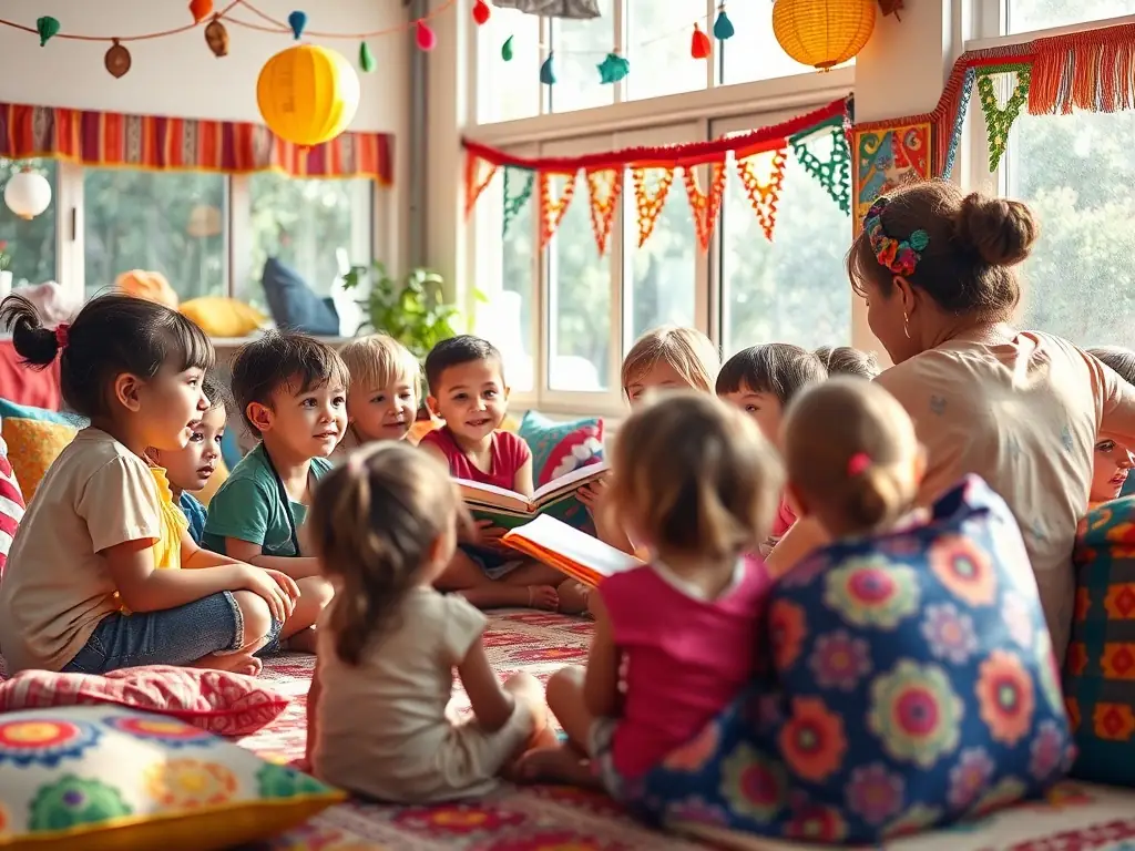 An image showcasing an educational activity led by ASS CULTUREL PAYS BENEVENT, where children are learning about local history and traditions through interactive storytelling and visual aids.