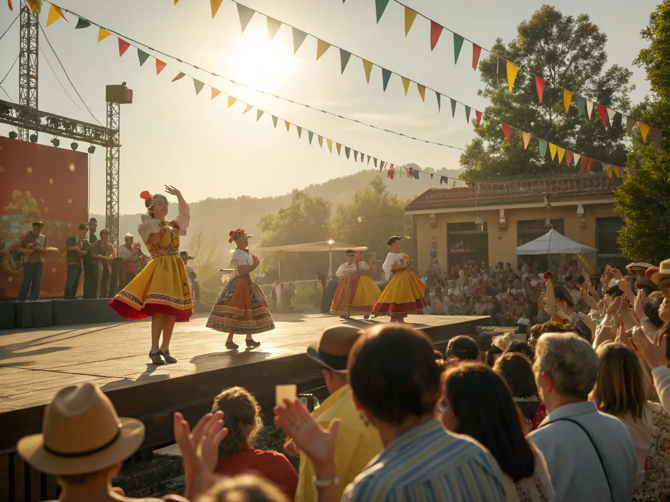An image depicting a vibrant cultural event organized by ASS CULTUREL PAYS BENEVENT, featuring traditional music, dance, and local cuisine, highlighting the organization's role in promoting regional culture.