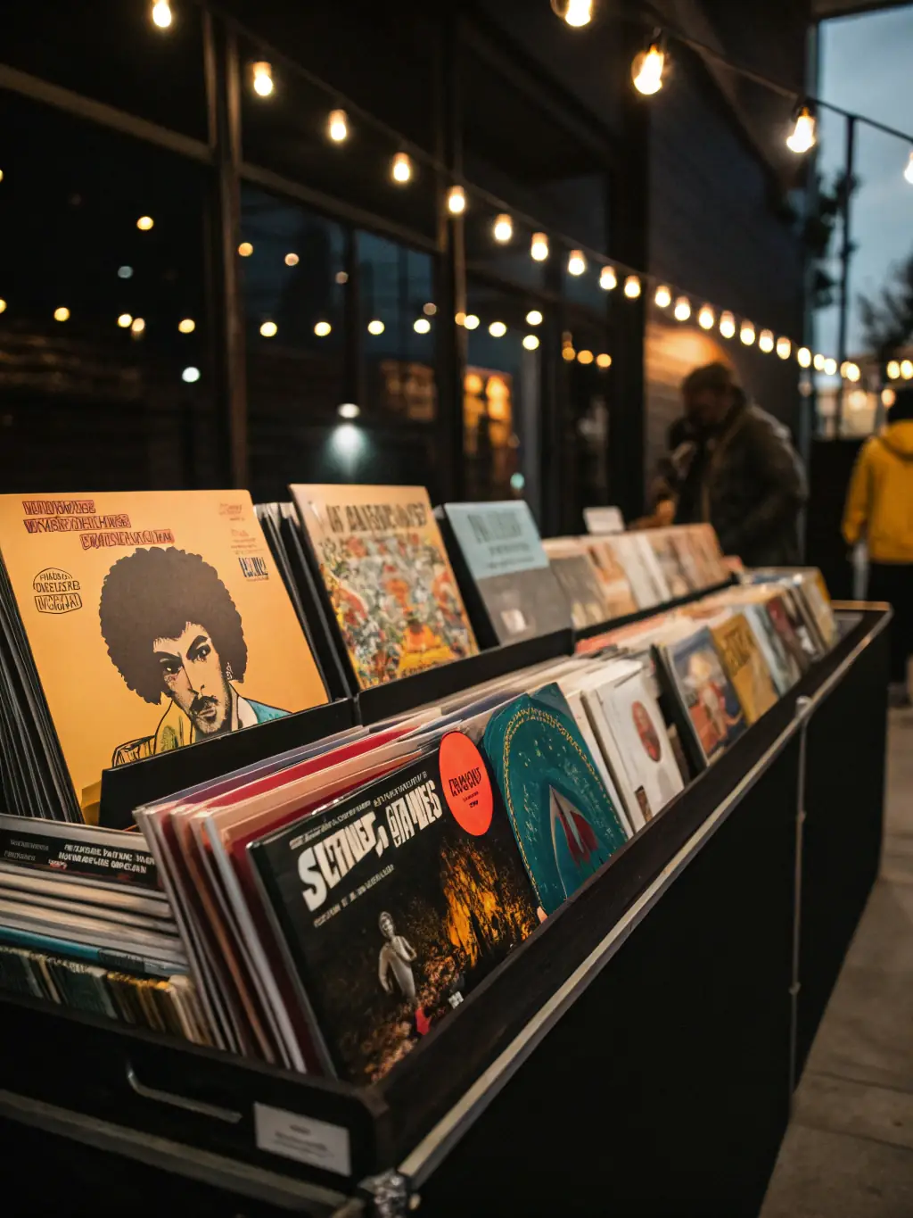 A photograph capturing a collection of vintage vinyl records from local artists in the Benevent region, displayed in a rustic setting.
