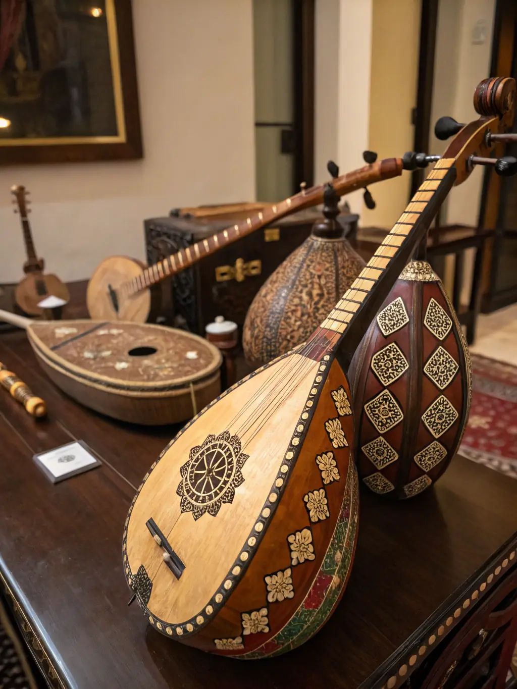 A picture of a curated collection of musical instruments used in traditional Benevent folk music, such as accordions and hurdy-gurdies.